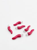 6 x Red Enamel Chili Charms with Silver Loops, 22x6mm