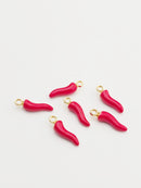 6 x Red Enamel Chili Charms with Gold Loops, 20x5mm