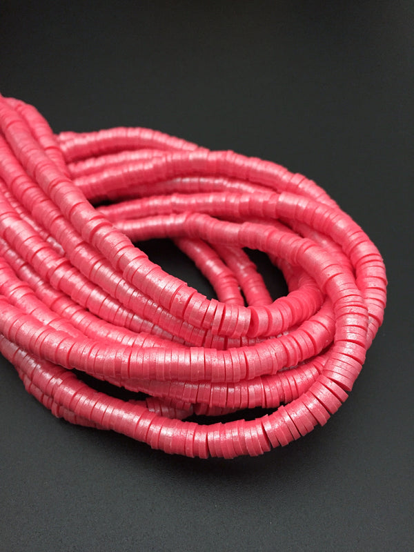 1 strand x 6mm Watermelon Pink Polymer Clay Beads with Silver Shimmer