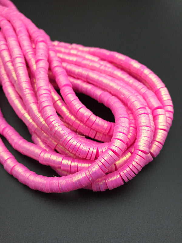 1 strand x 6mm Deep Pink Polymer Clay Beads with Gold Shimmer