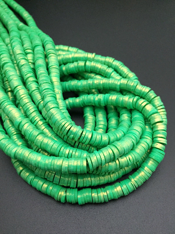 1 strand x 6mm Green Polymer Clay Beads with Gold Shimmer