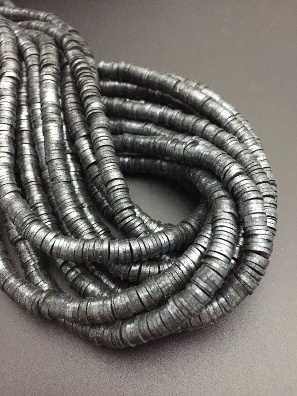 1 strand x 6mm Black Polymer Clay Beads with Silver Shimmer