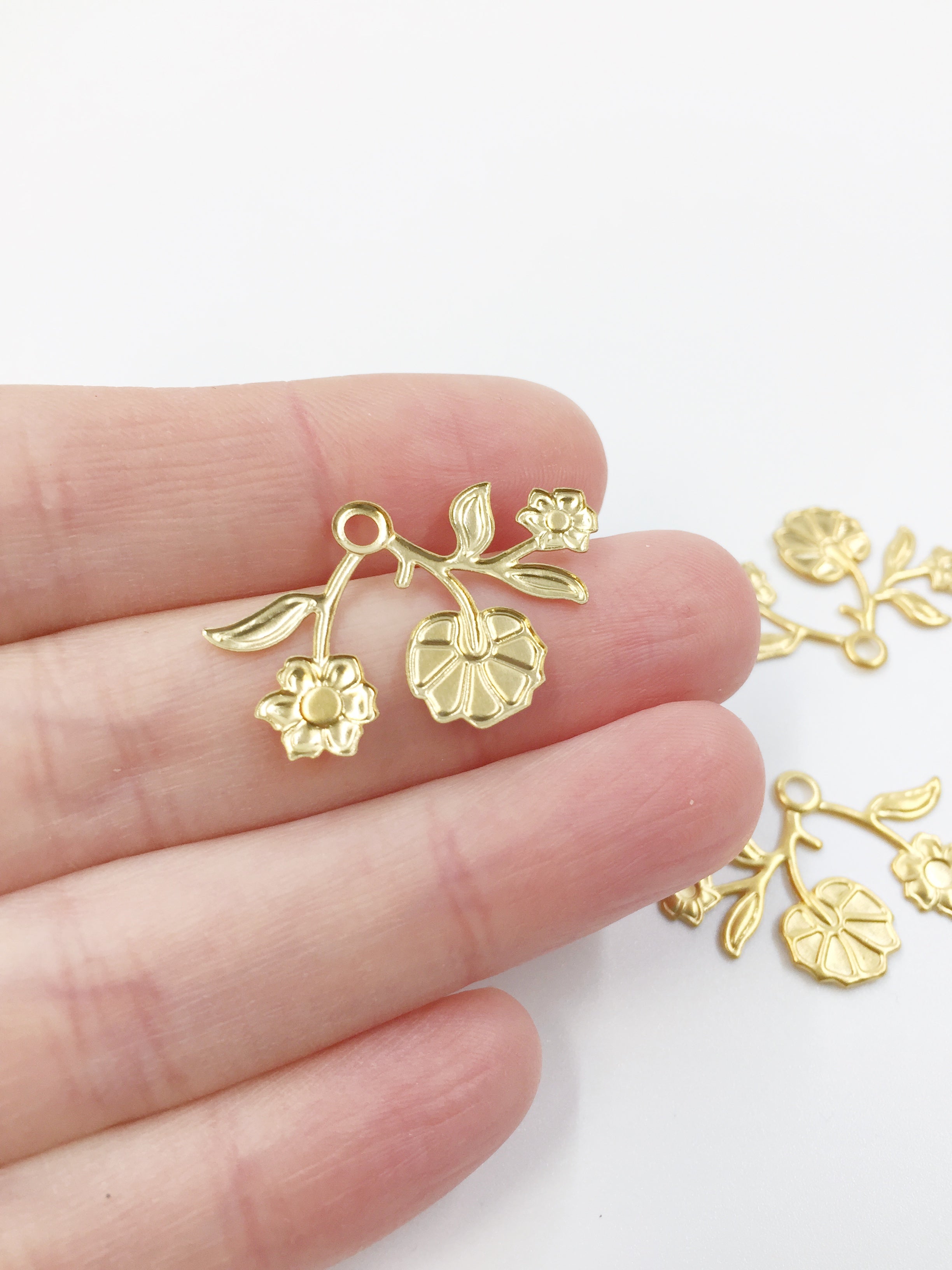2 x Gold Plated Stainless Steel Flower Pendants, 28x18mm