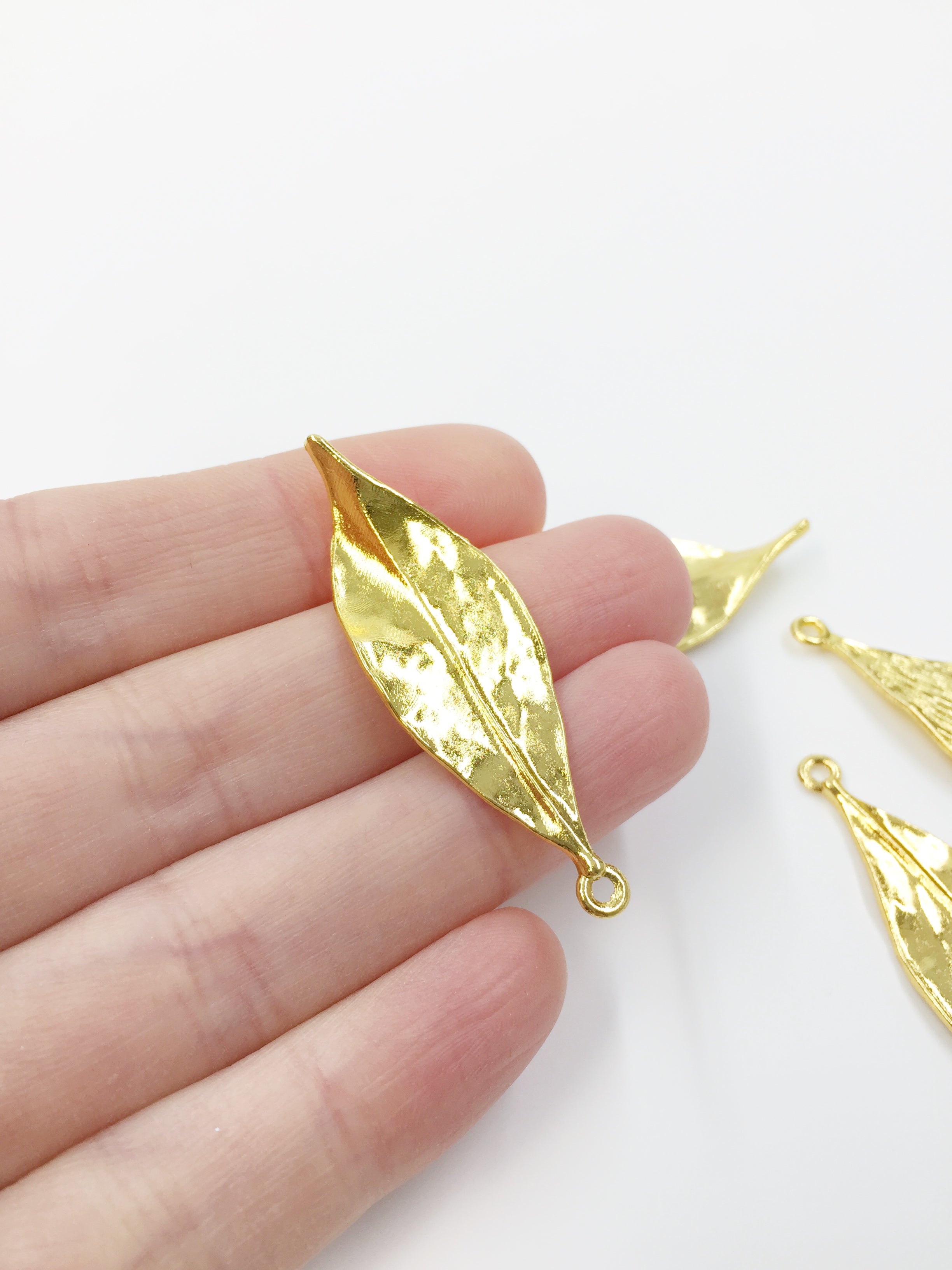 4 x Large Satin Gold Metal Leaf Pendants, 47x15mm (2384)