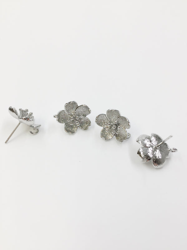 1 pair x Rhodium Plated Sakura Flower Earring Studs with Loop, 16mm