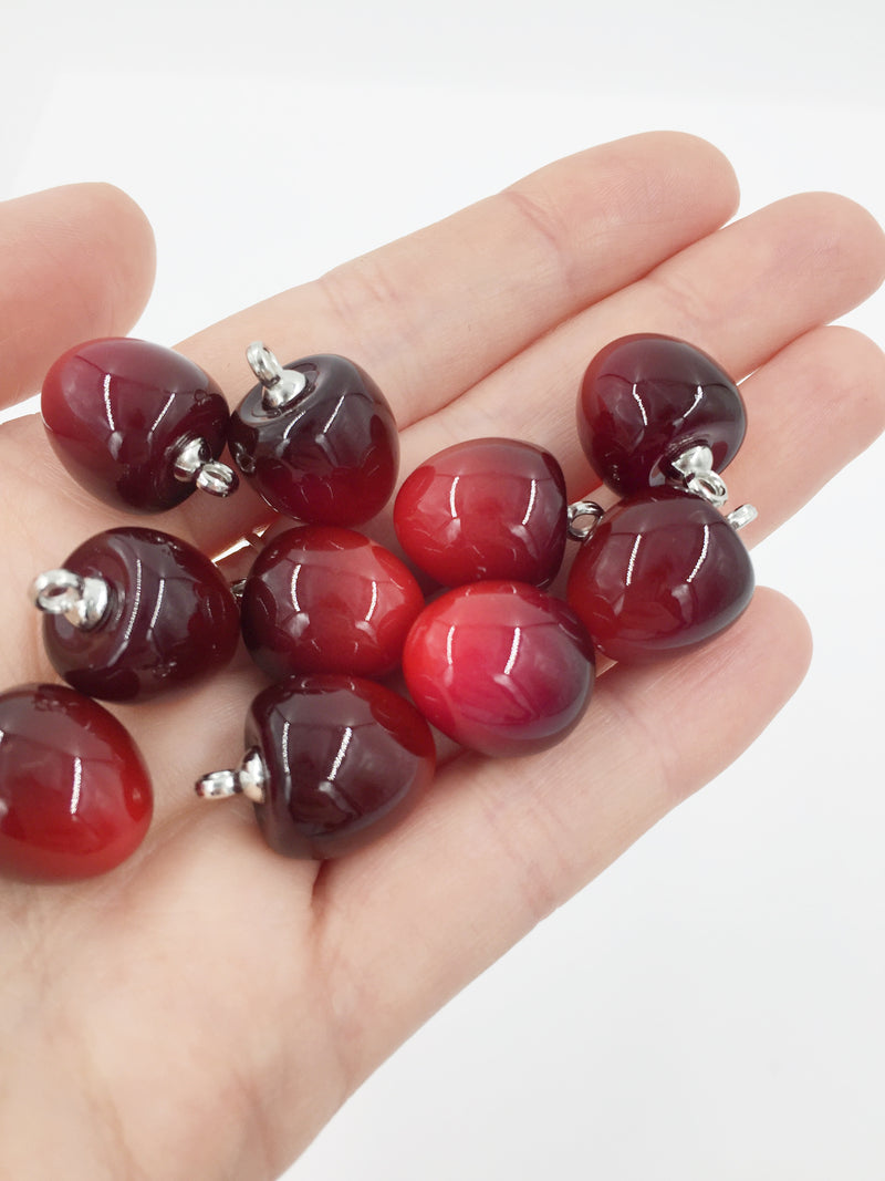 2 x Red Cherry Charms with Silver Loops, 15x20mm (2416)