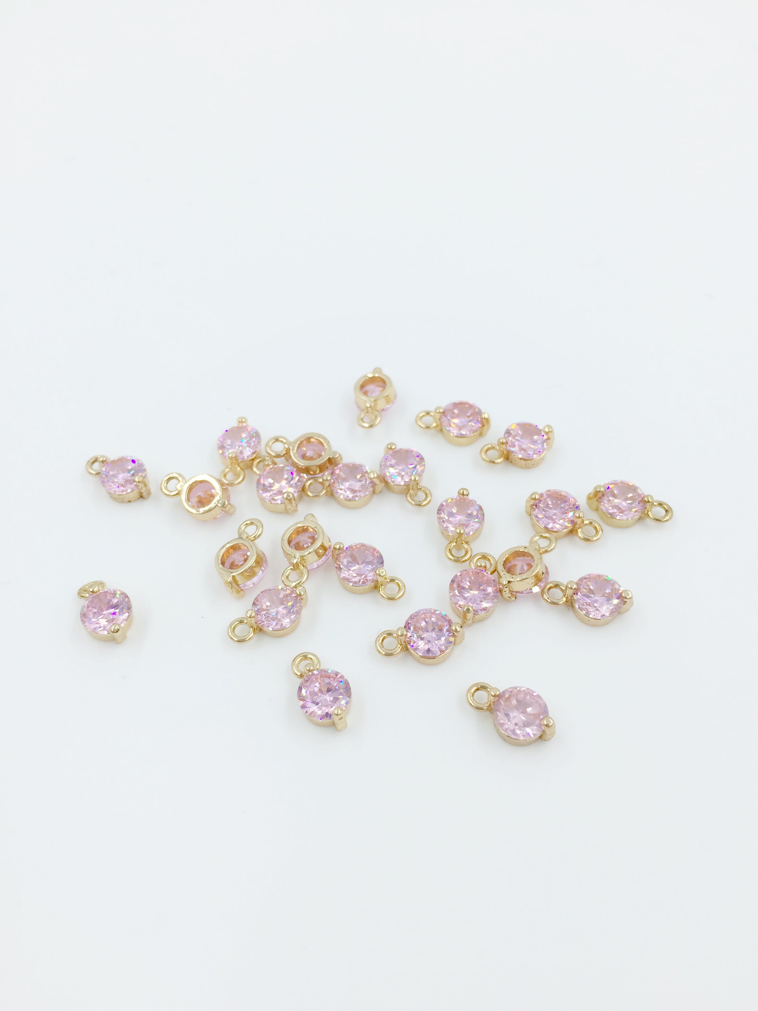2 x 18K Gold Plated Round Pink Cubic Zirconia Charms, 9x5.5mm (0510)