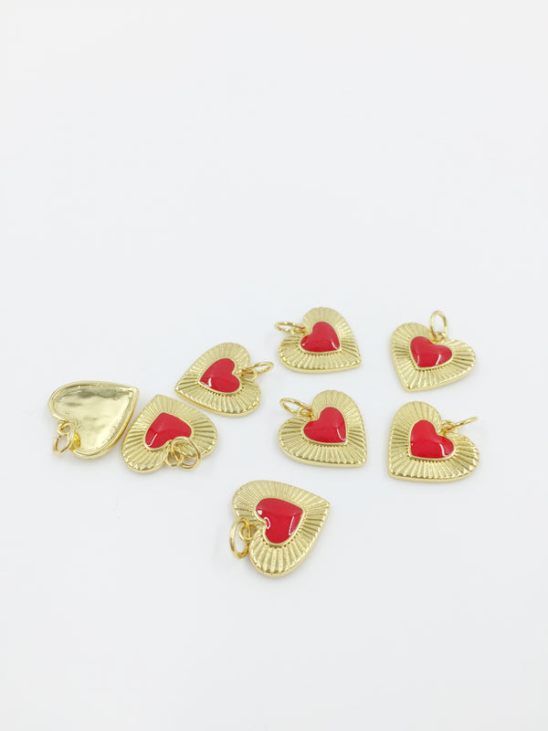 10 x 18K Gold Plated Heart Charm with Red Enamel Centre, 13x14mm