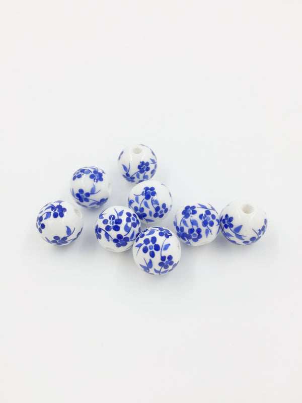 10 x Round White Ceramic Beads with Blue Floral Pattern, 12mm (3645)