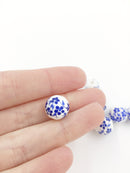 10 x Round White Ceramic Beads with Blue Floral Pattern, 12mm (3644)