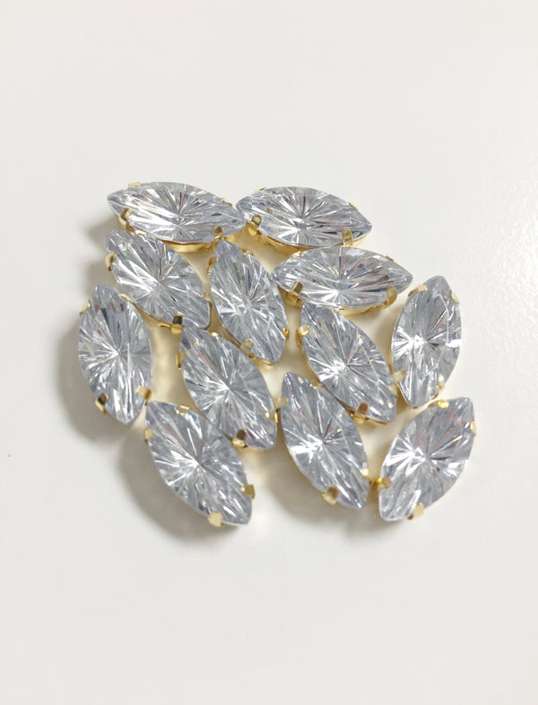 12 x 7x15mm Clear Crystal Navette Rhinestones in Gold Sew-on Setting