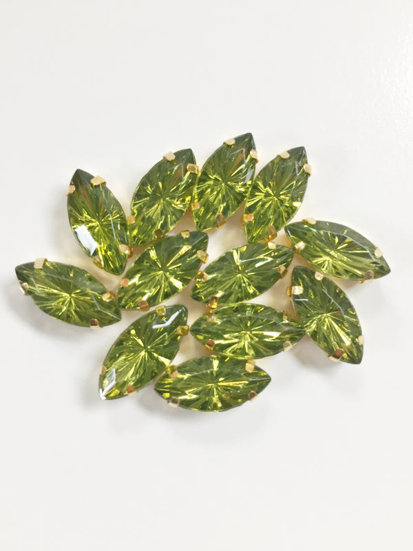 12 x 7x15mm Olive Green Navette Rhinestones in Gold Sew-on Setting