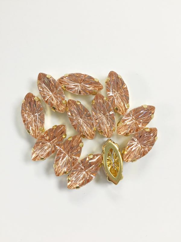 12 x 7x15mm Peach Blush Navette Rhinestones in Gold Sew-on Setting