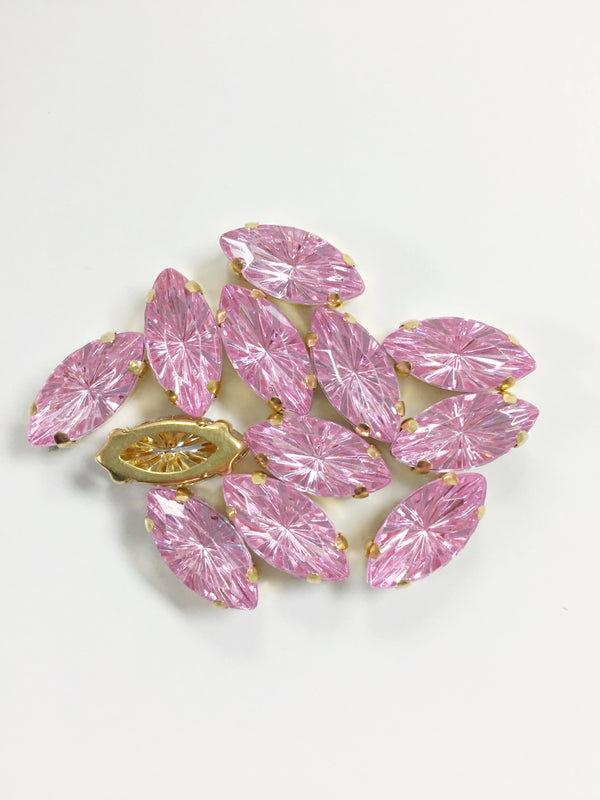 12 x 7x15mm Navette Pink Rhinestones in Gold Sew-on Setting