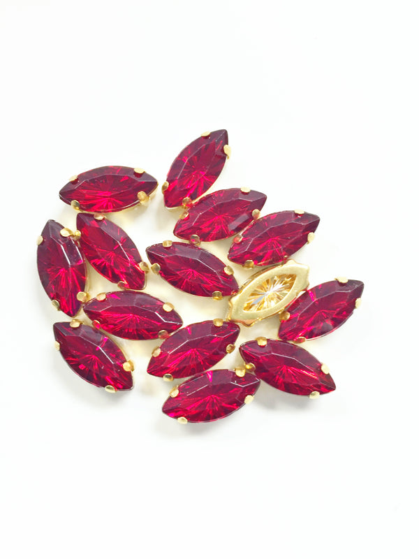 12 x 7x15mm Navette Siam Red Rhinestones in Gold Sew-on Setting