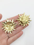 2 x Extra Large Raw Brass Sun Face Pendants, 46x47mm (C0641)