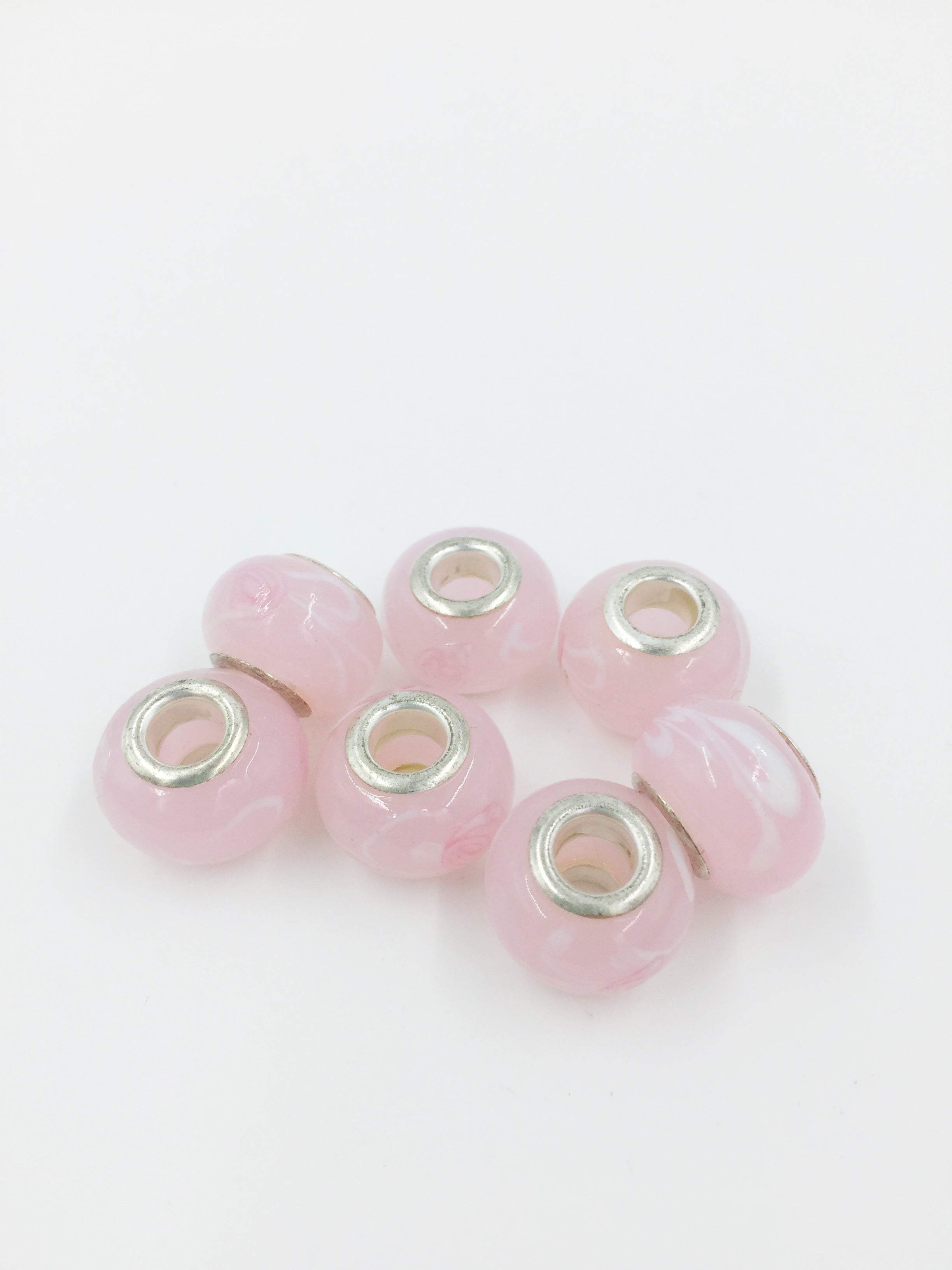 2 x Pink Floral Pattern Lampwork Beads with Silver Core, 11x14mm (2917)