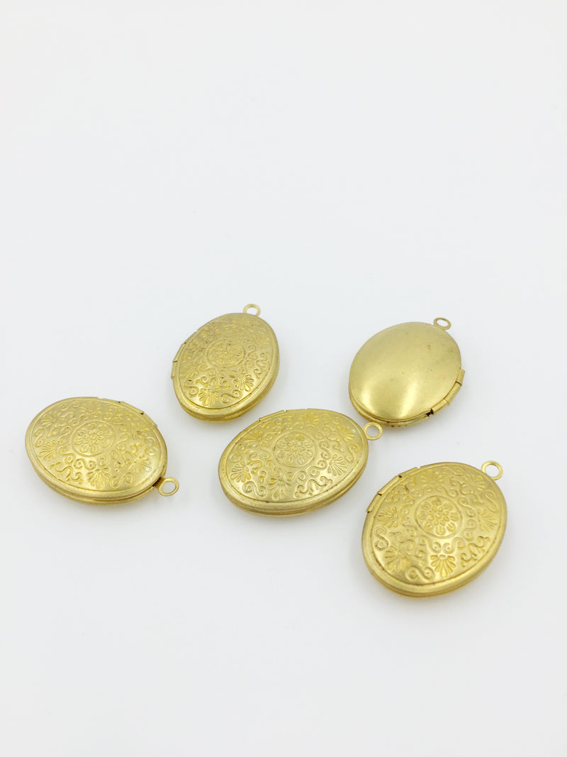 5 x Raw Brass Oval Locket Pendants with Embossed Floral Pattern, 16x24mm