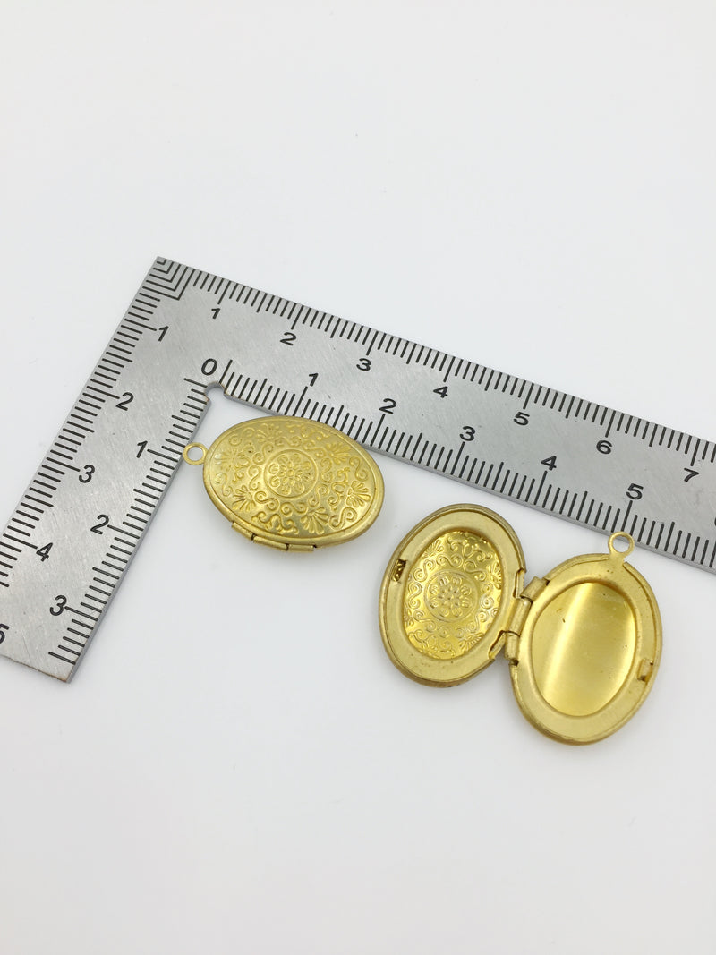 5 x Raw Brass Oval Locket Pendants with Embossed Floral Pattern, 16x24mm