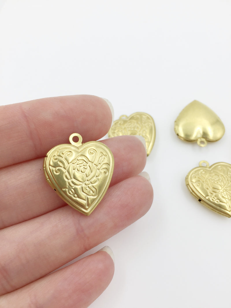 4 x Vintage Heart Locket Pendants with Embossed Rose Pattern, 19x22mm