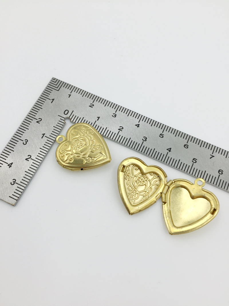 4 x Vintage Heart Locket Pendants with Embossed Rose Pattern, 19x22mm