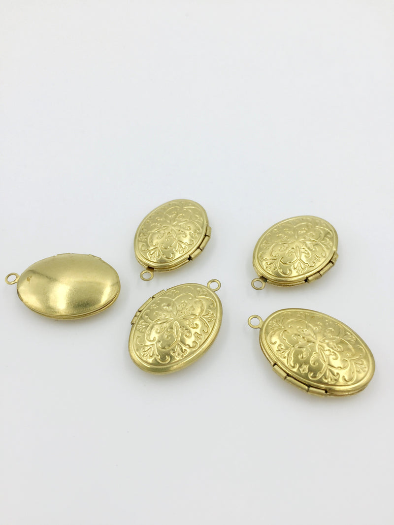 5 x Vintage Look Raw Brass Oval Locket Pendants with Embossed Floral Pattern, 16x24mm