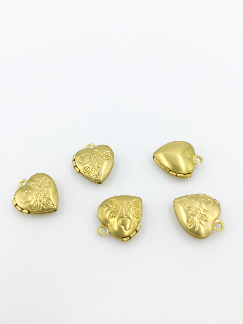 5 x Tiny Brass Heart Locket Pendants with Embossed Floral Pattern, 13x11mm
