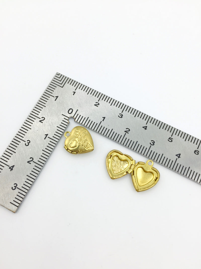5 x Tiny Brass Heart Locket Pendants with Embossed Floral Pattern, 13x11mm