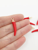 2 x Enamelled Red Chilli Pepper Charms with Gold Loops, 33x7mm