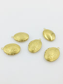 5 x Vintage Brass Oval Locket Pendants with Embossed Botanical Pattern, 16x24mm