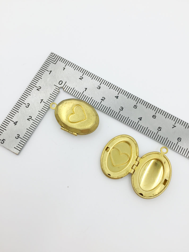 5 x Vintage Raw Brass Oval Locket Pendants with Embossed Heart Pattern, 16x24mm