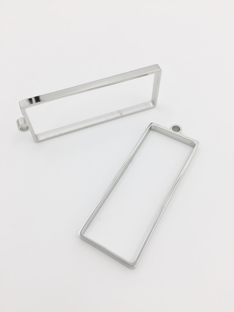 2 x Solid Stainless Steel Rectangular Bezel Frame Pendants, 47x16.5mm