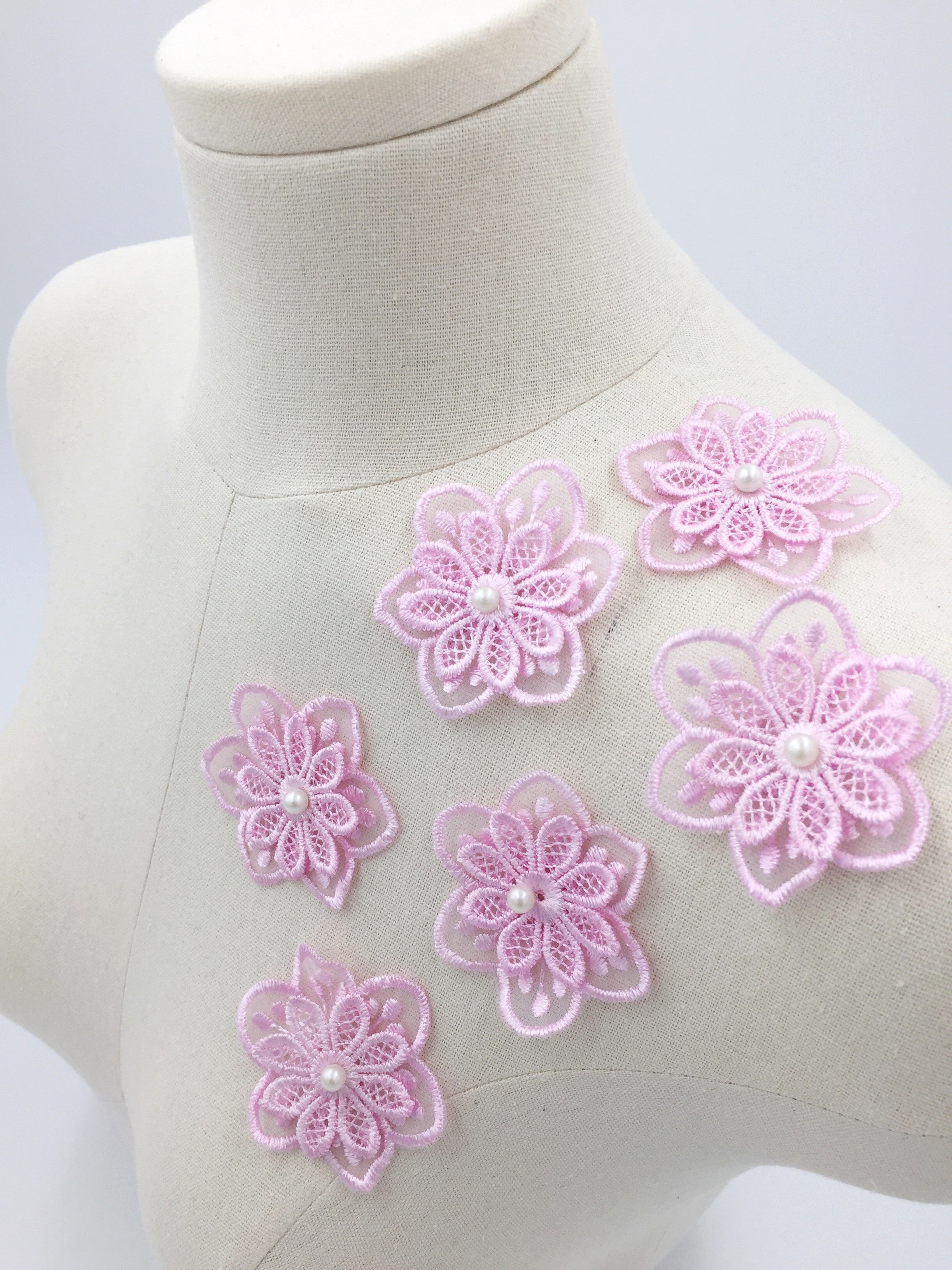 6 x Pink Embroidered lace Flower Patches, 55mm