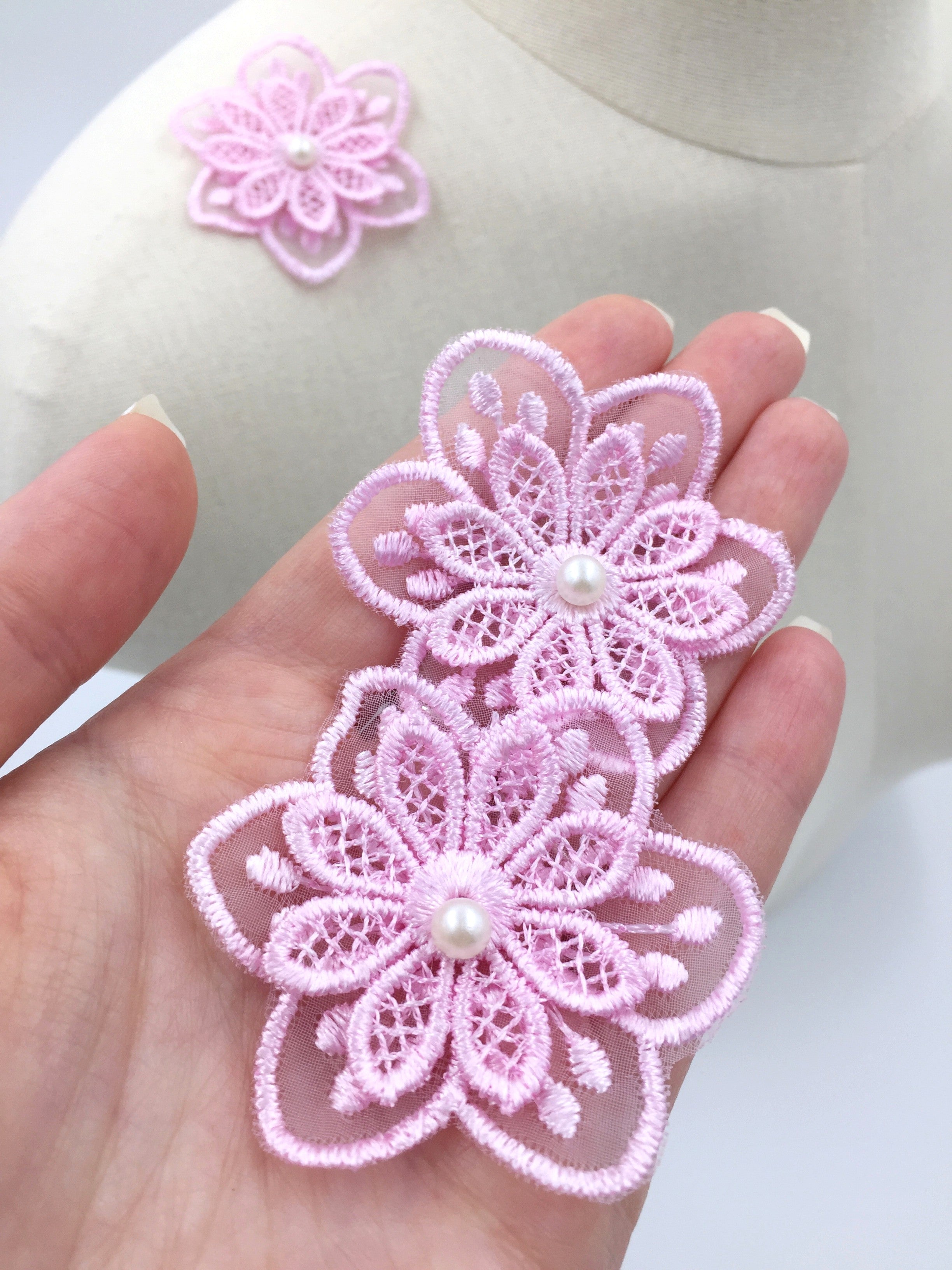 6 x Pink Embroidered lace Flower Patches, 55mm