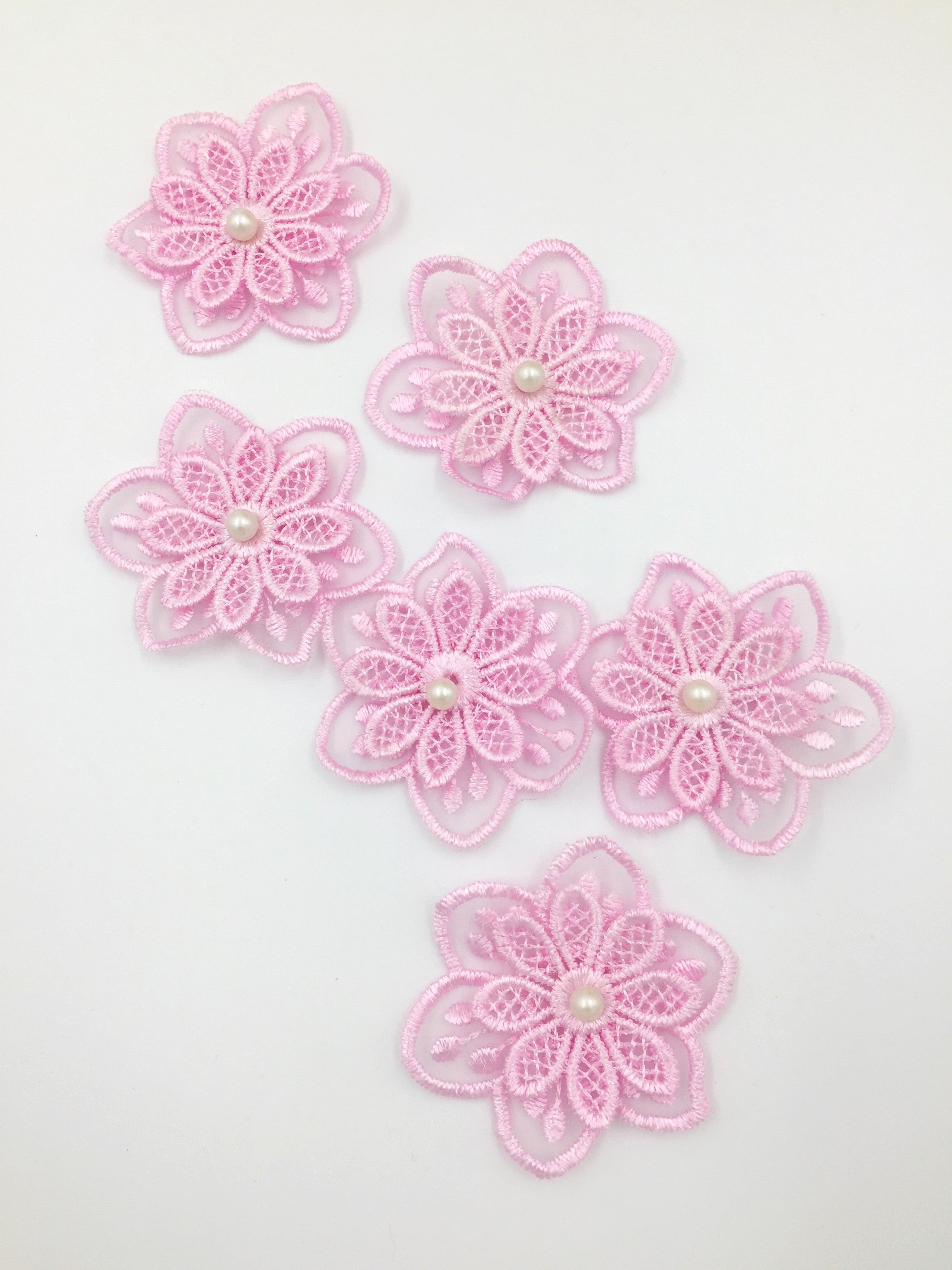 6 x Pink Embroidered lace Flower Patches, 55mm