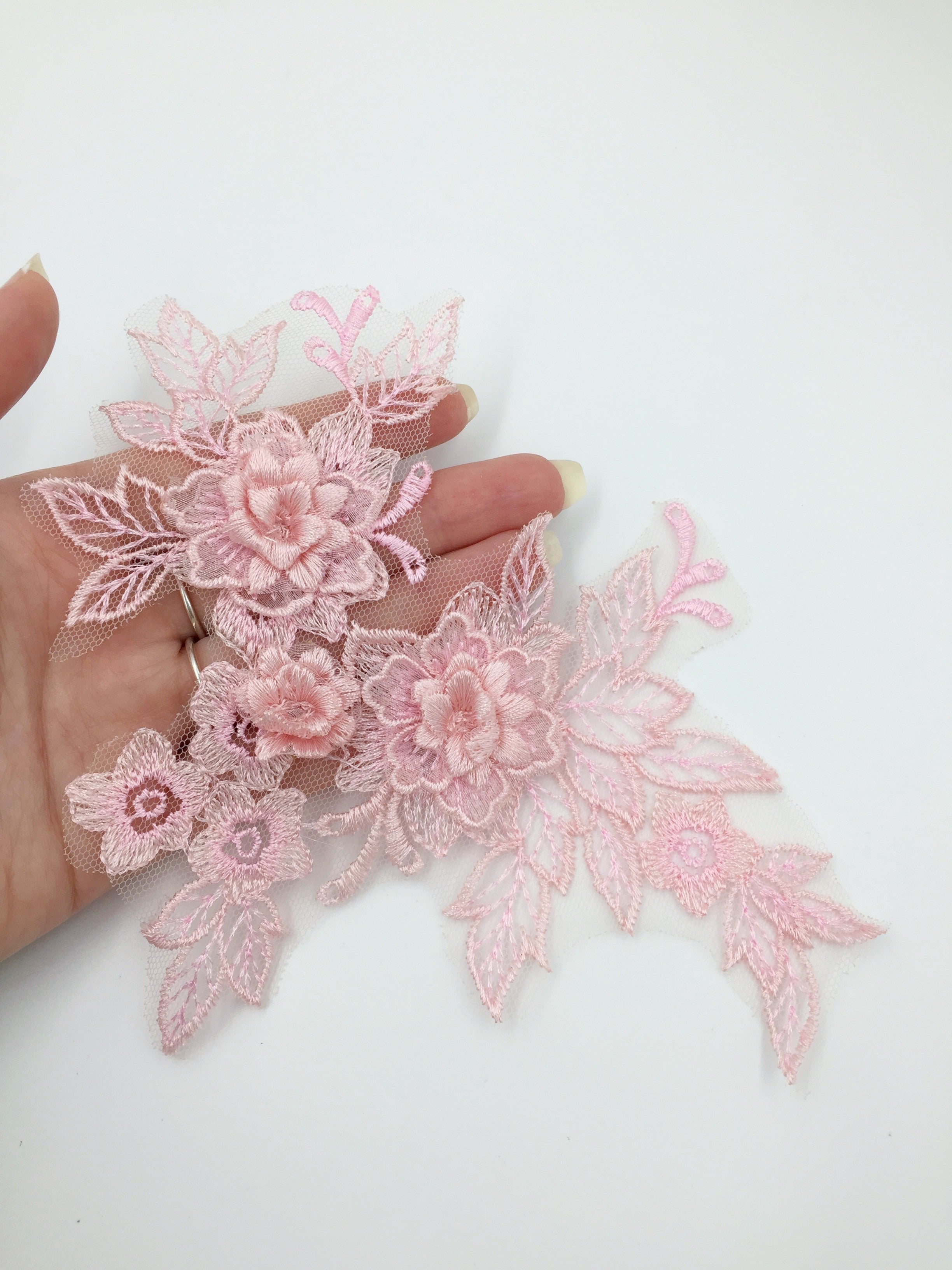 Pink Embroidery Lace Patch, 3D Flower Lace Applique