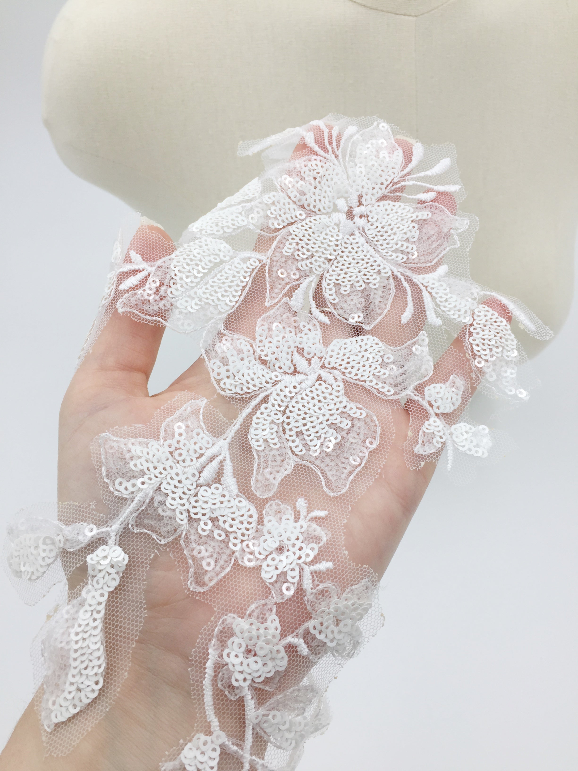 White Lace Patch, 29x15mm Lace Applique with Sequins