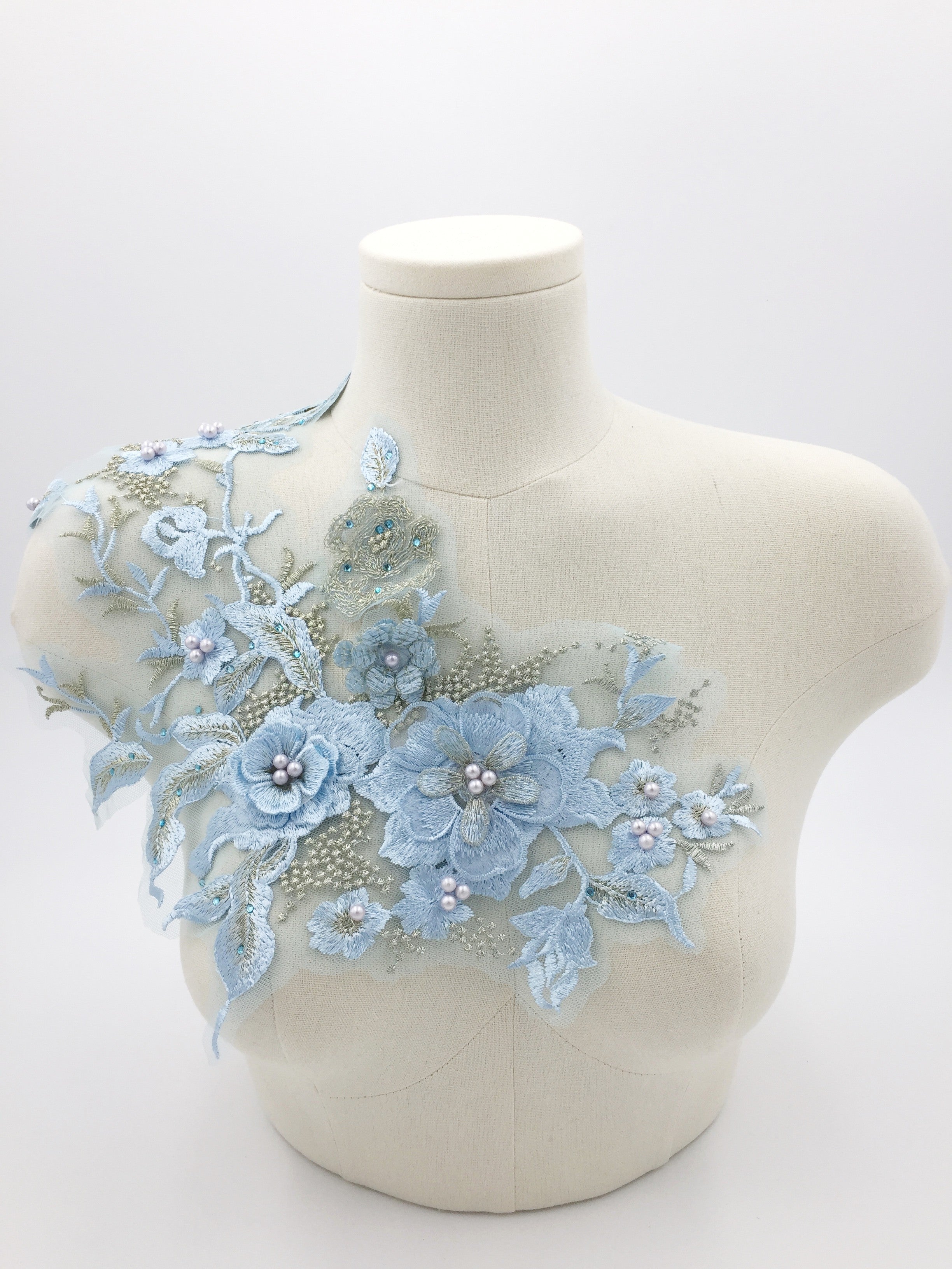 Light Blue 3d Flower Lace Applique, 33x28cm