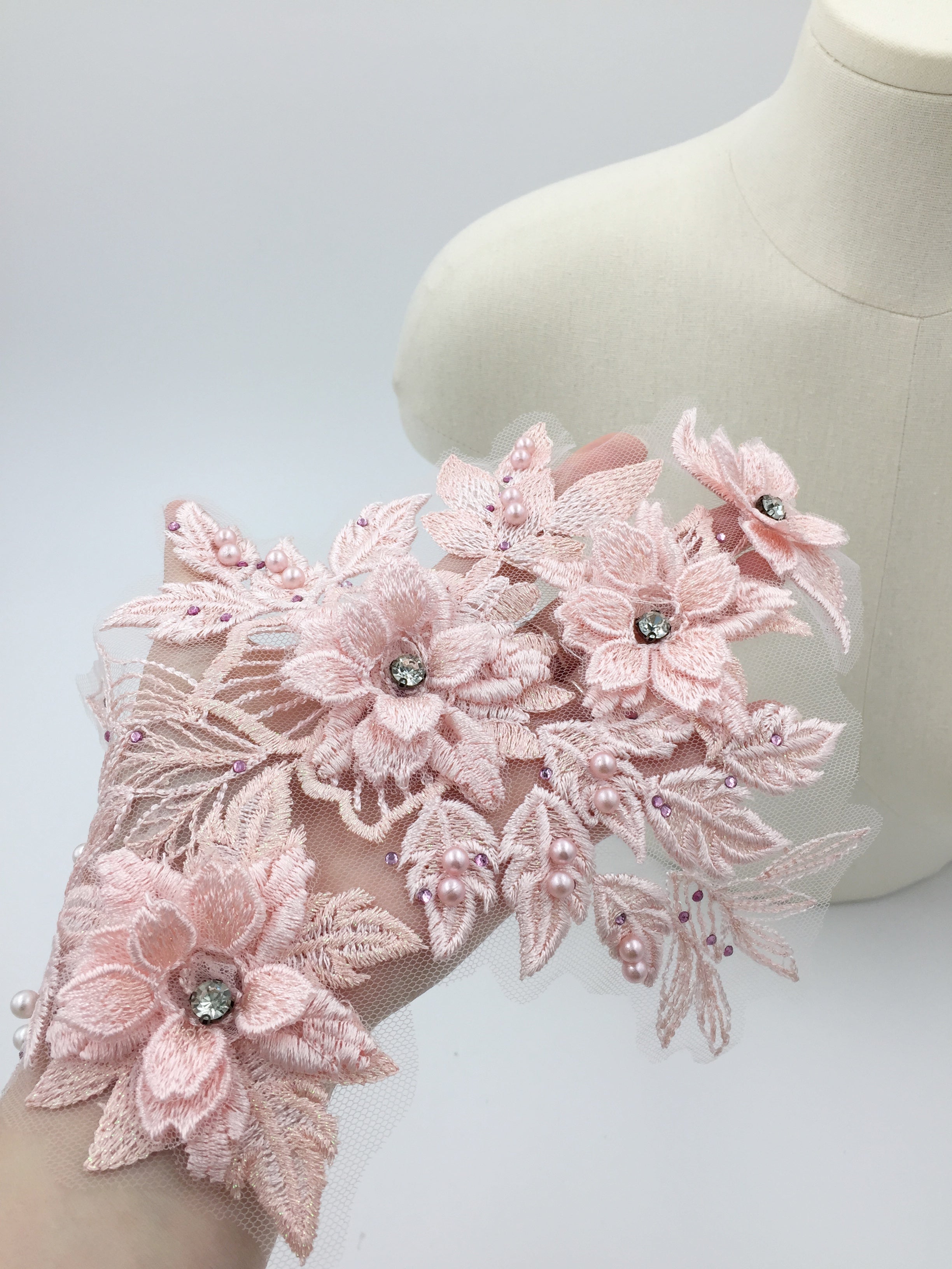 Pink 3d Flower Embroidery Lace Applique, 33x20cm