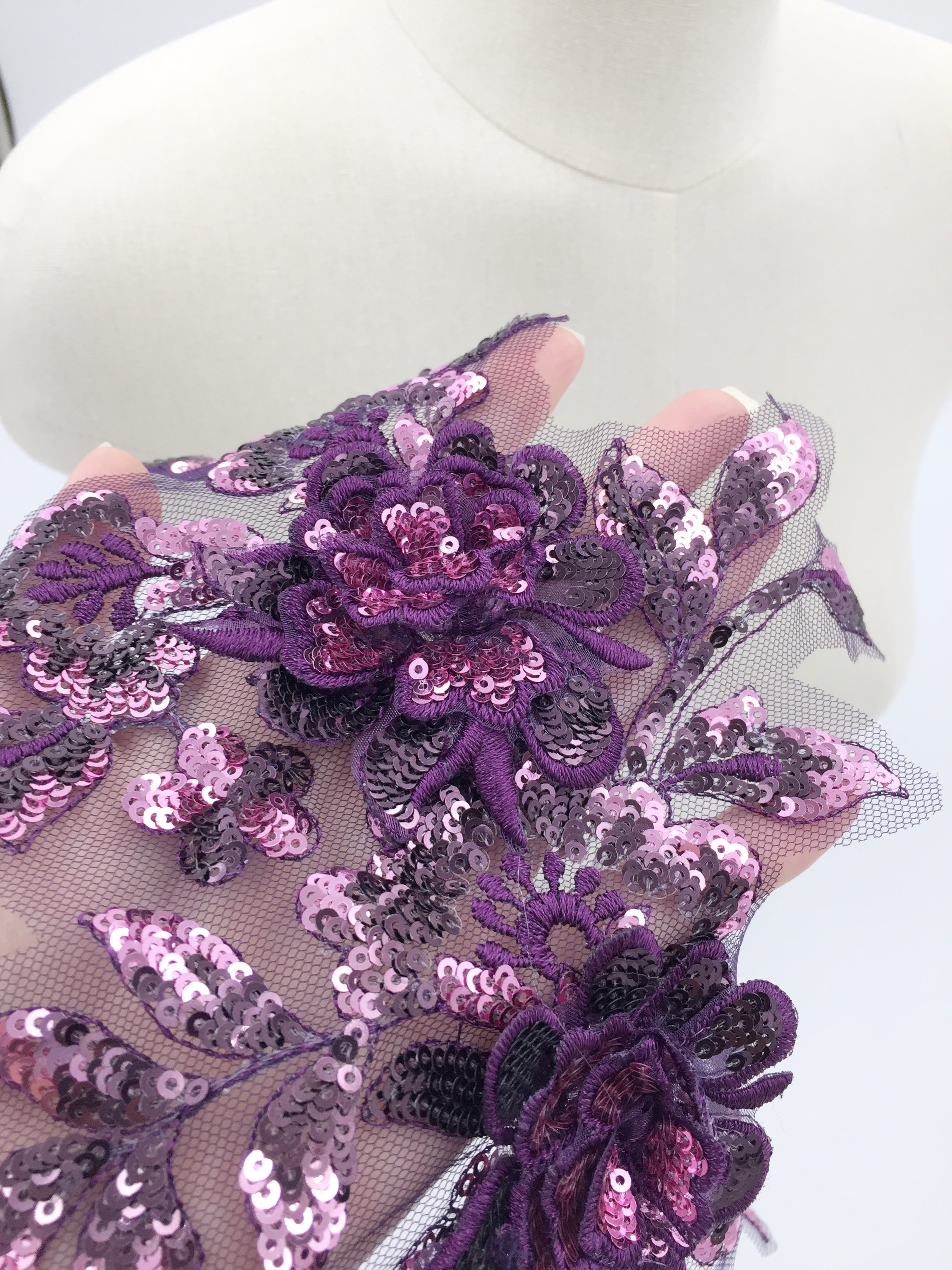 Purple Sequin Beaded Lace Patch, 34x20cm