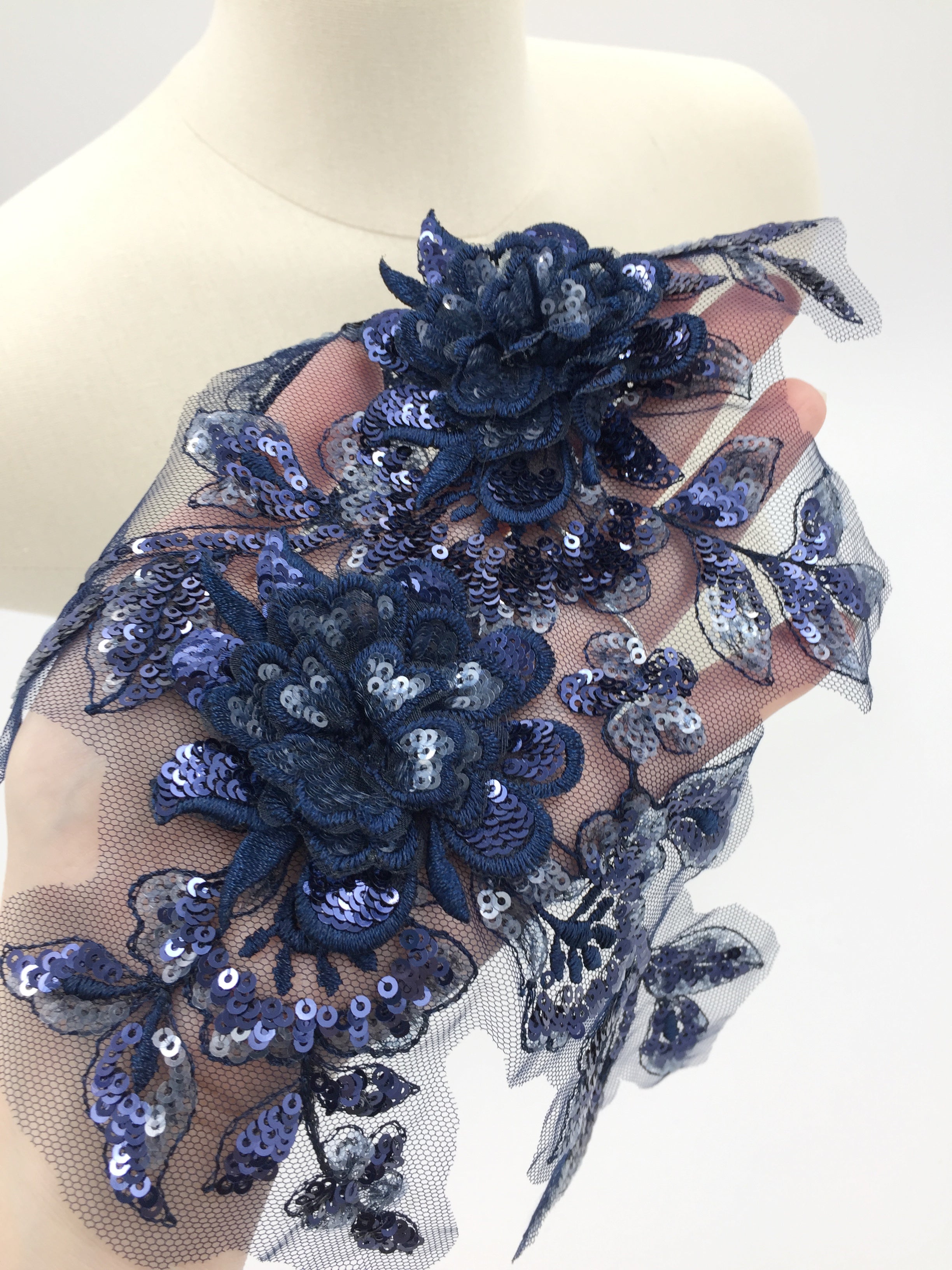 Navy Blue Sequin Beaded Lace Patch, 34x20cm