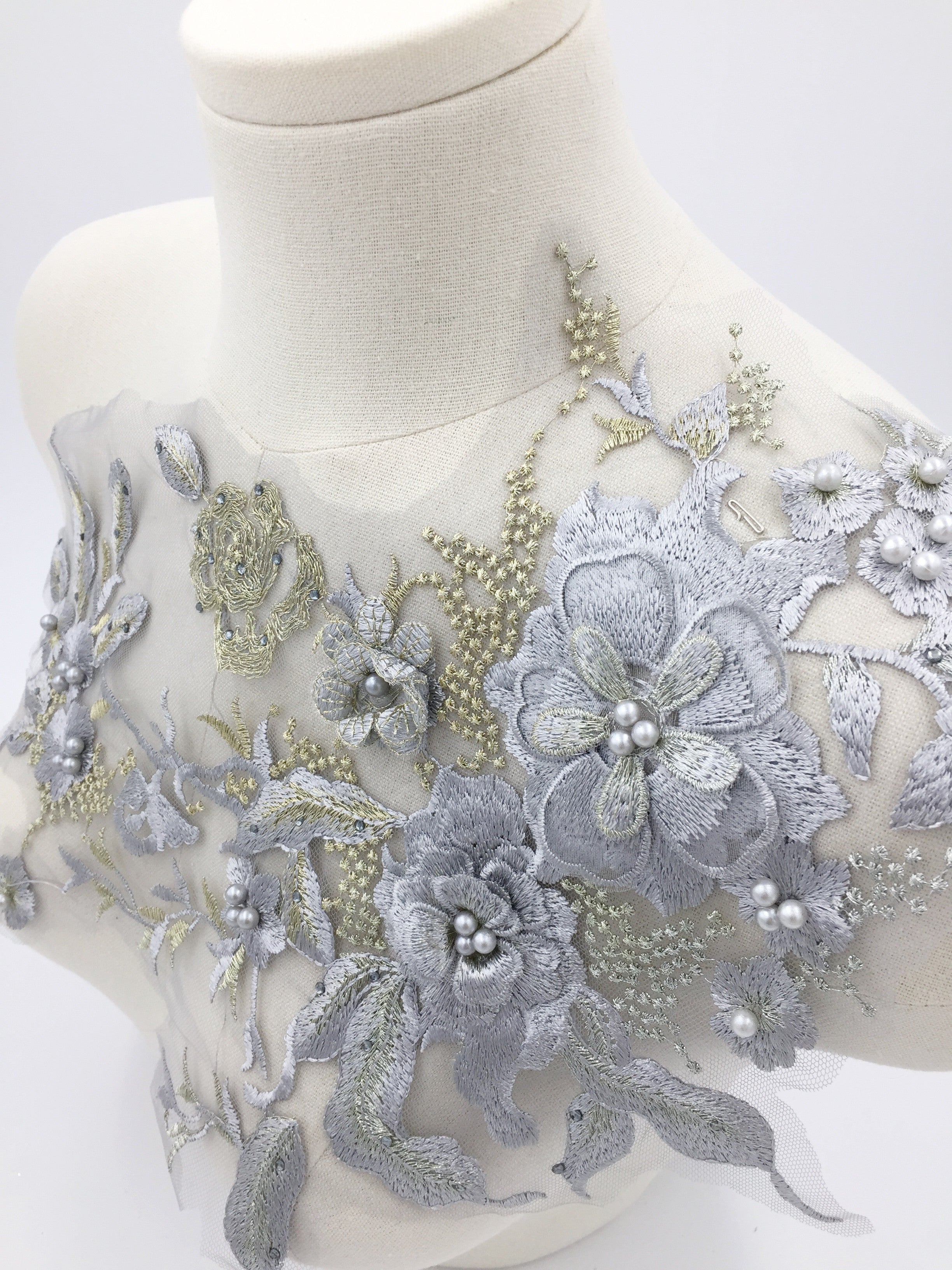 Silver and Gold 3d Flower Lace Applique, 33x28cm