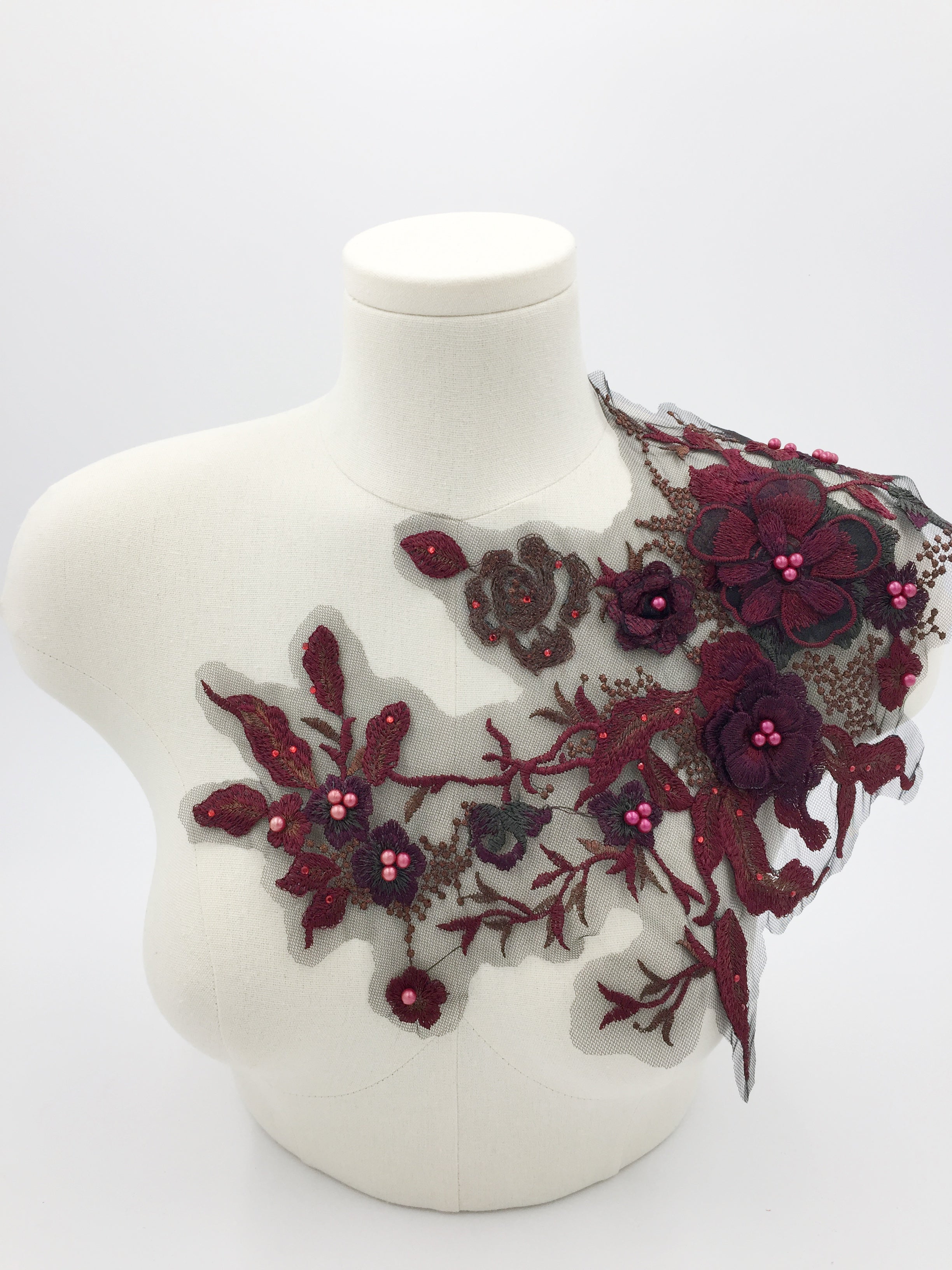 Burgundy 3d Flower Lace Applique, 33x28cm
