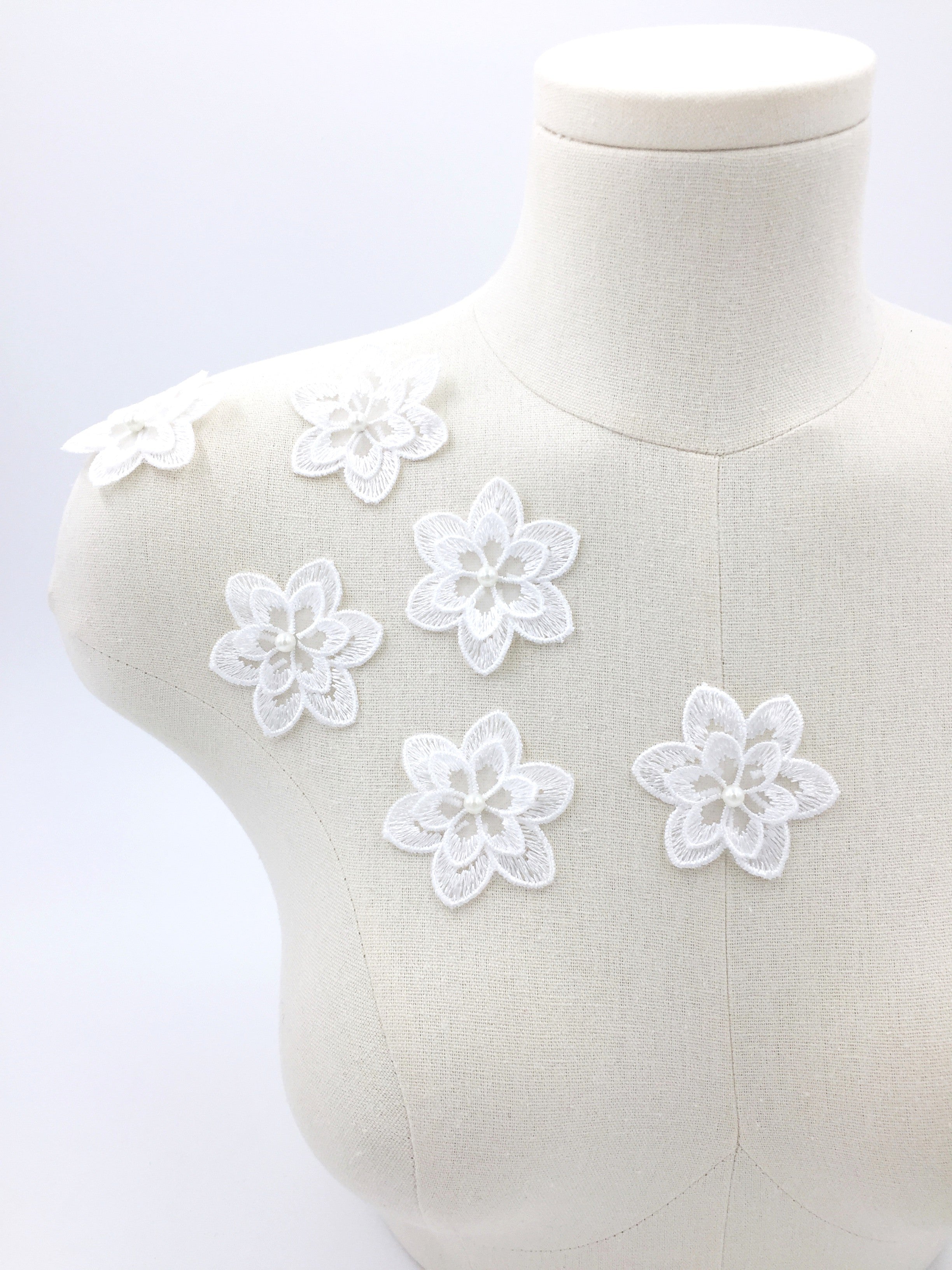 6 x White Embroidered Organza Flower Patches, 55mm