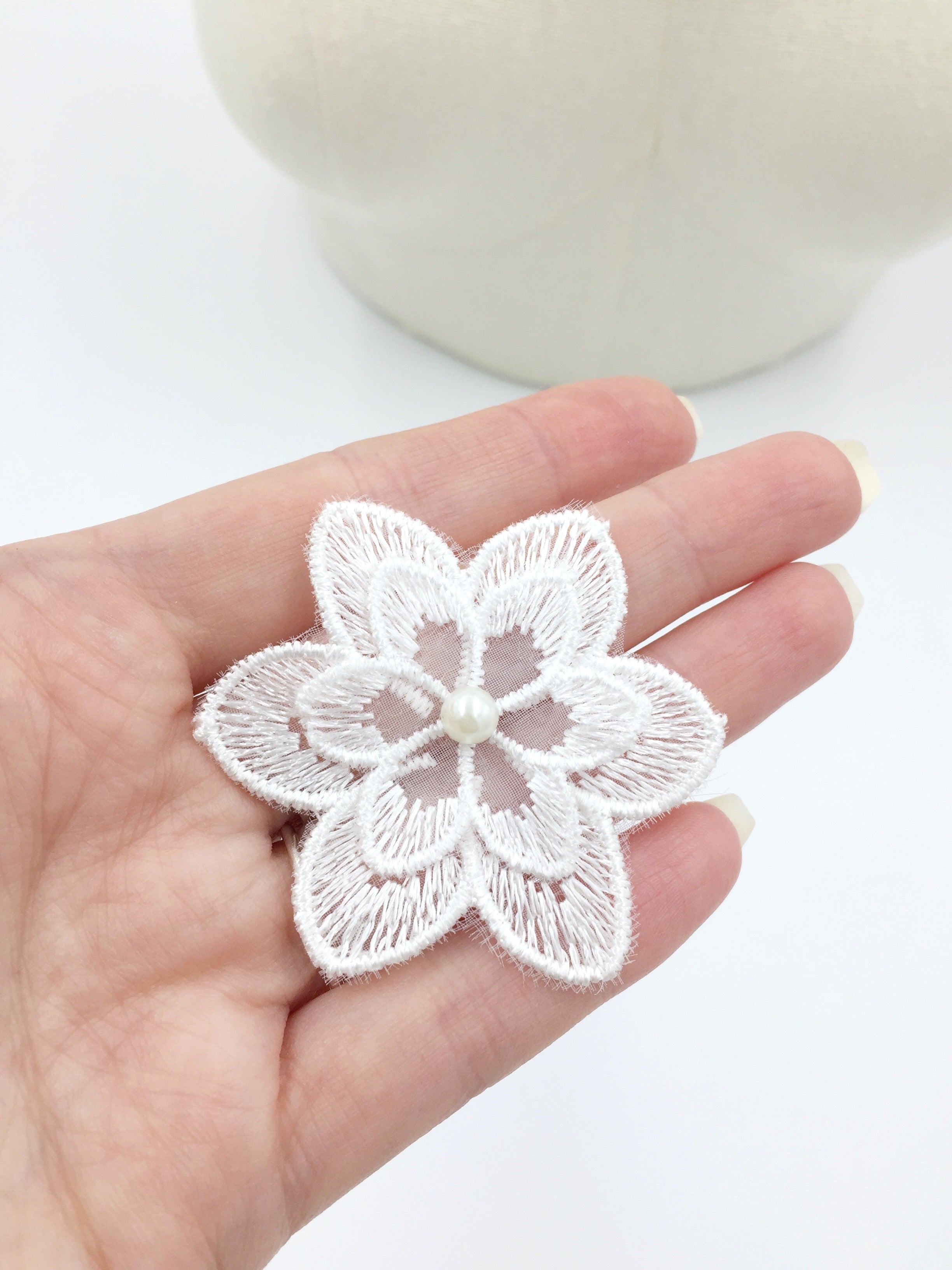 6 x White Embroidered Organza Flower Patches, 55mm