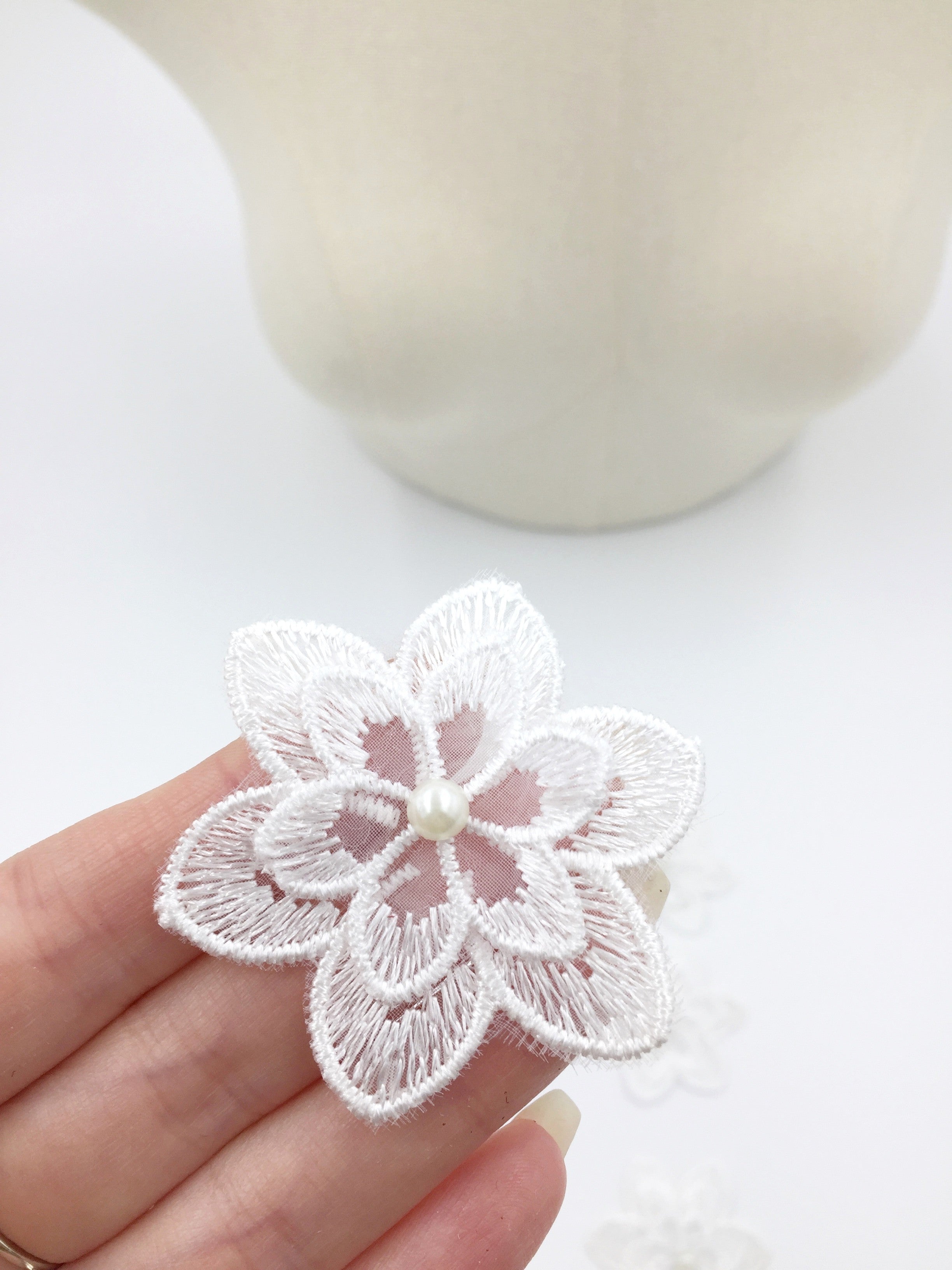 6 x White Embroidered Organza Flower Patches, 55mm