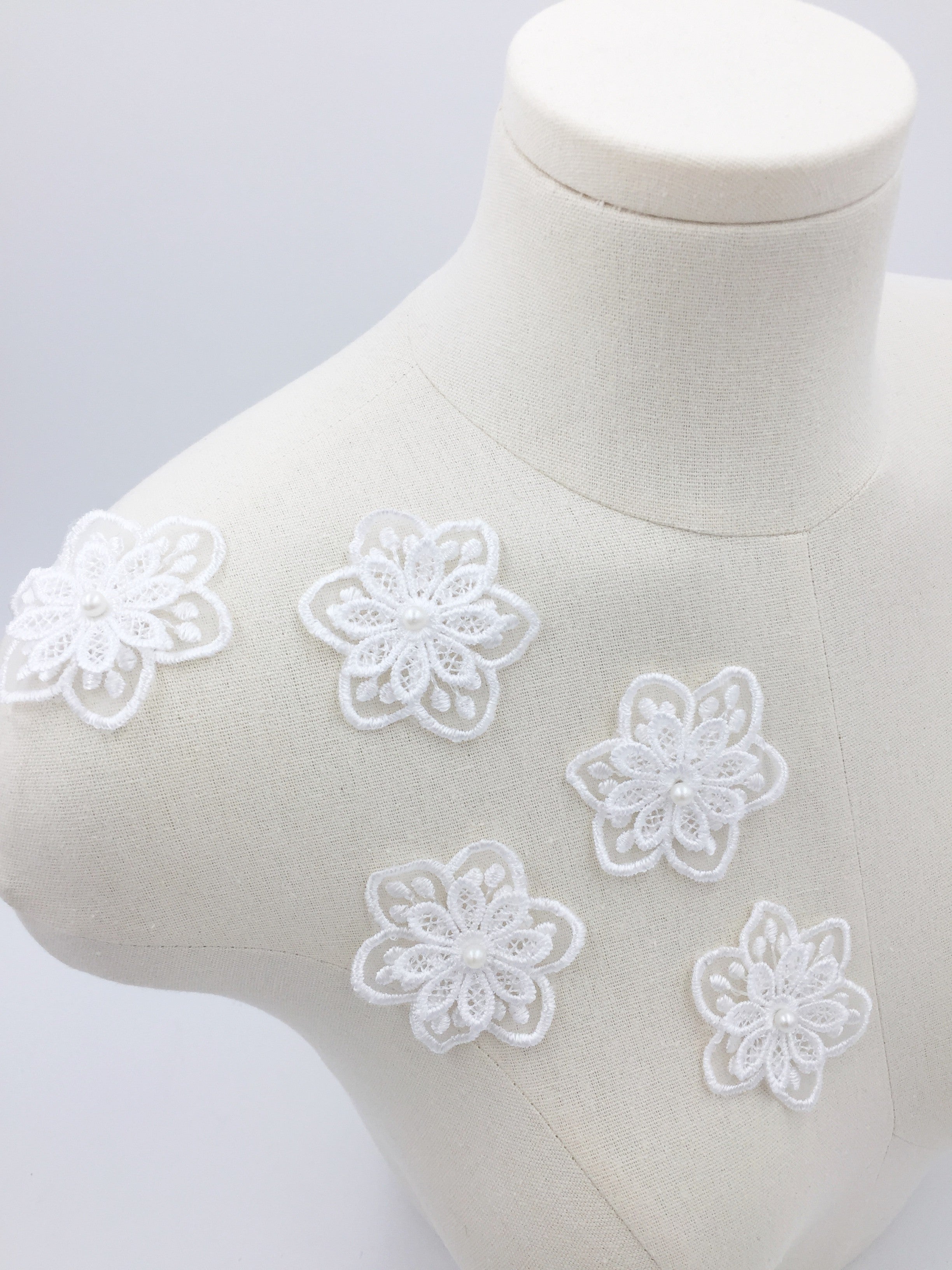 6 x White Embroidered Lace Flower Patches, 55mm