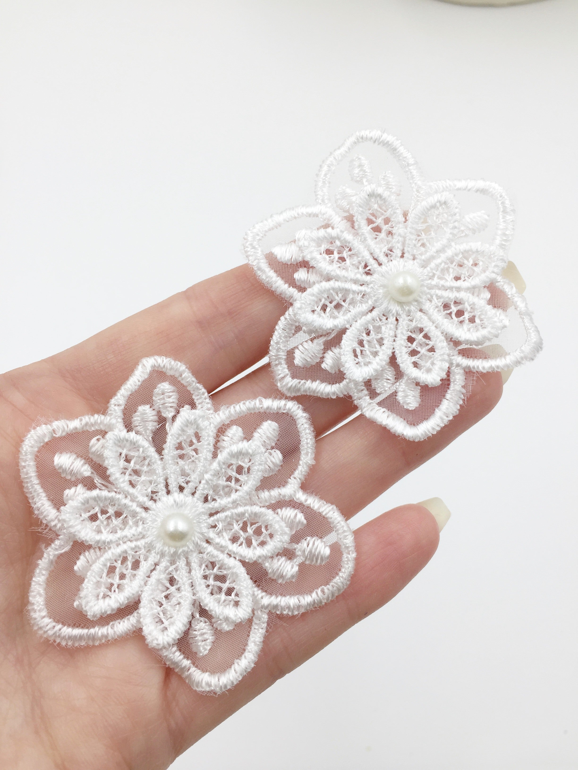 6 x White Embroidered Lace Flower Patches, 55mm