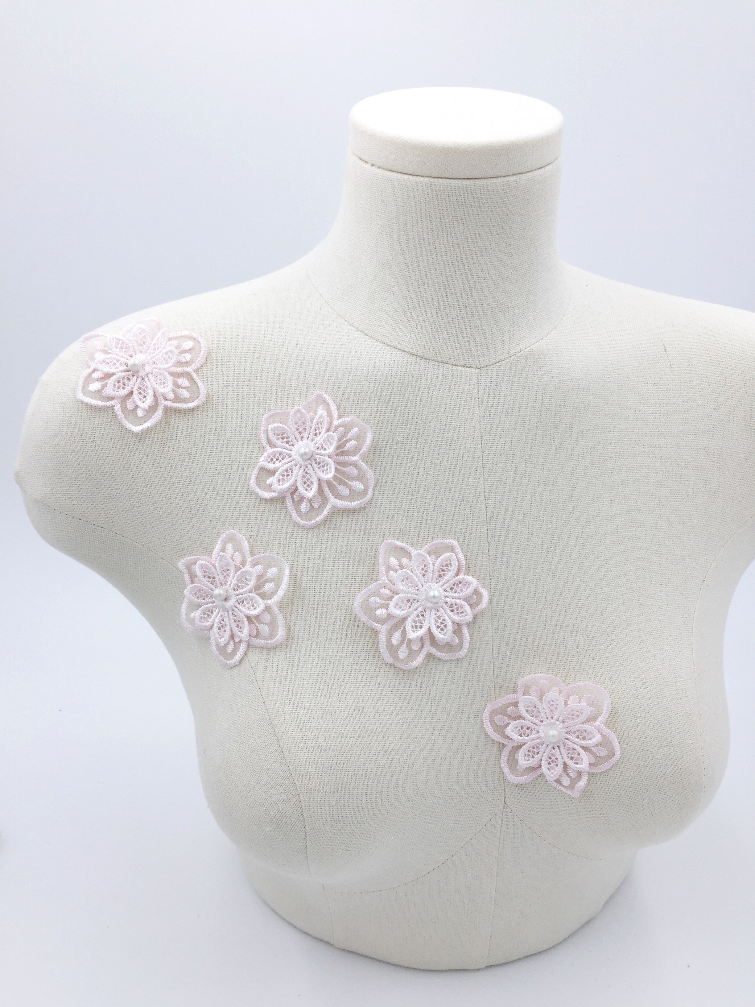 6 x Light Pink Embroidered Lace Flower Patches, 55mm