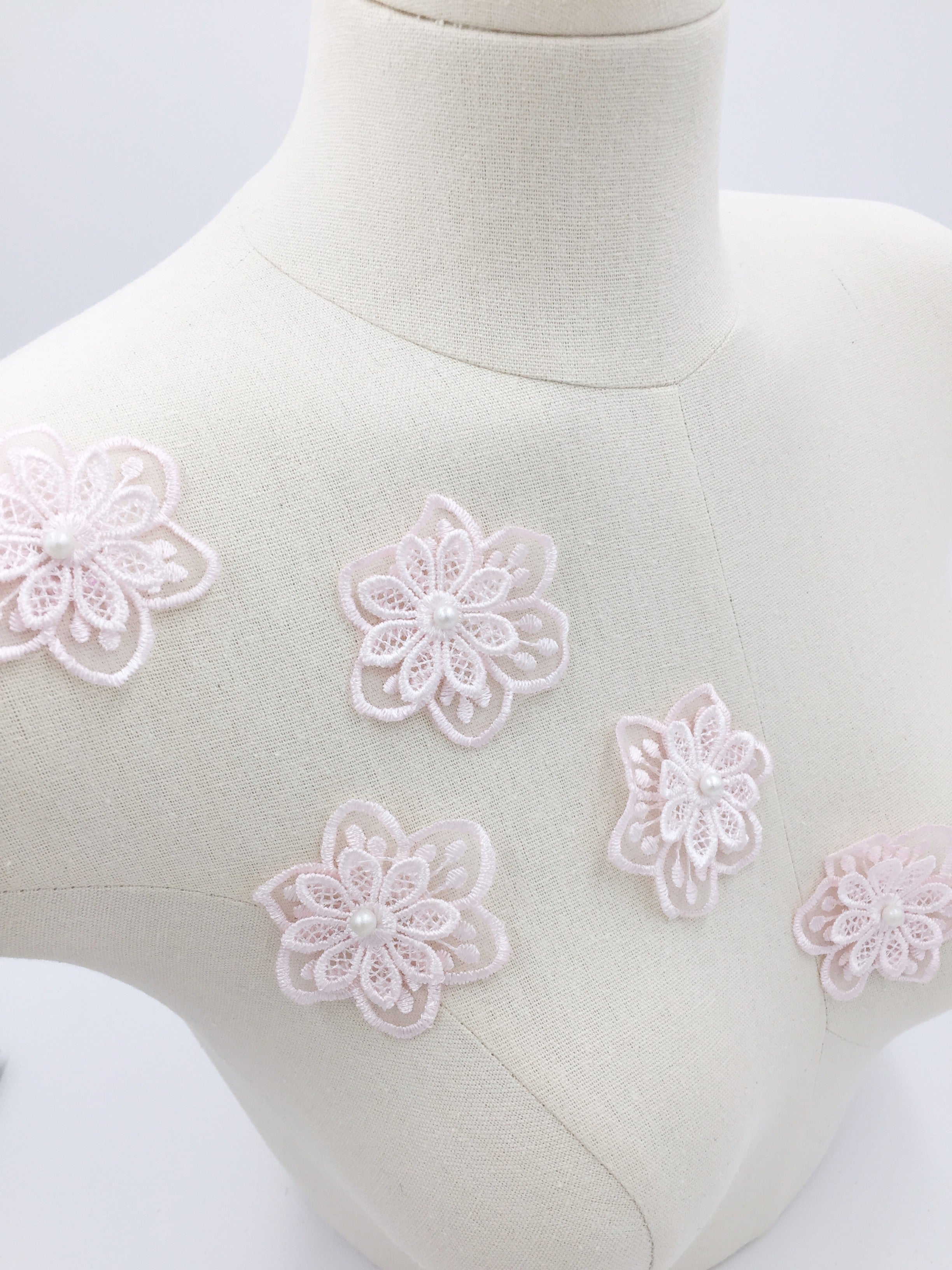 6 x Light Pink Embroidered Lace Flower Patches, 55mm